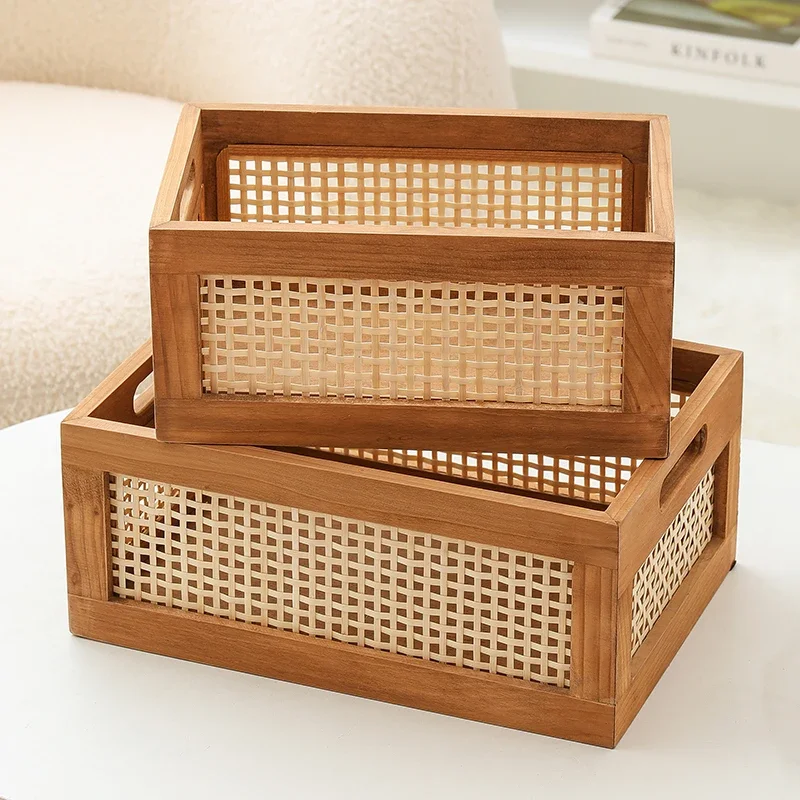 Retro bamboo woven storage basket, desktop sundries, snacks, books, toys, finishing frame