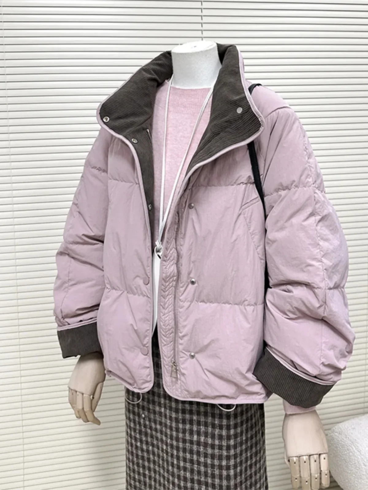 

Pink Korean Style Stand Collar Short Thickened Warm Bread Style Jacket Women's Winter Outerwear Fashionable Commute Style