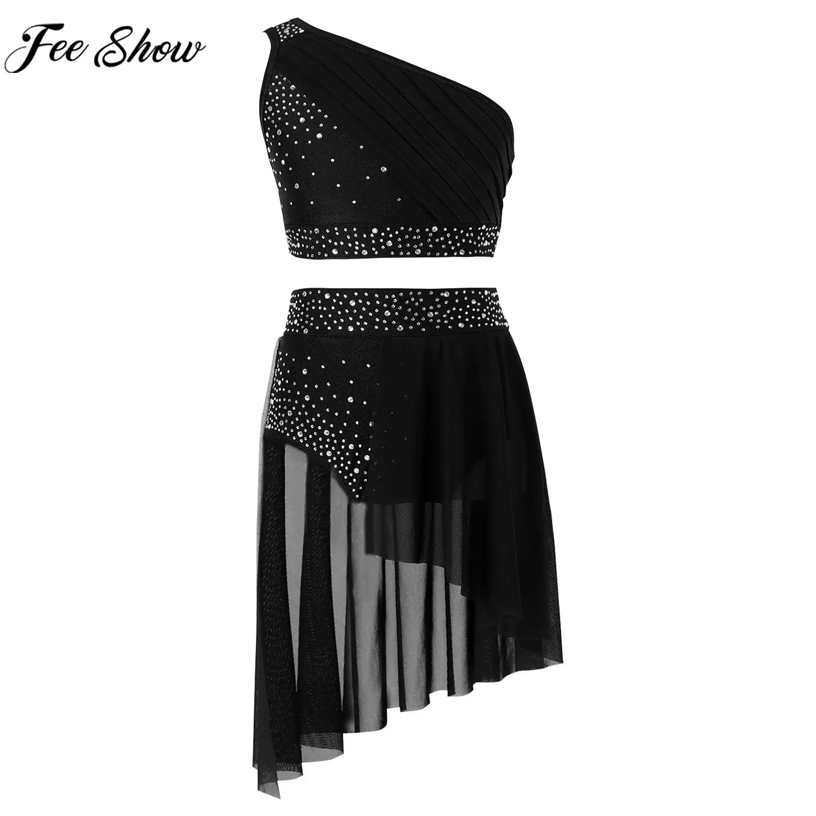 6-16Y الفتيات الحديثة أداء الرقص الغنائي زي الجاز التزلج الباليه الجمباز الزي واحد الكتف المحاصيل مع مجموعة تنورة #1