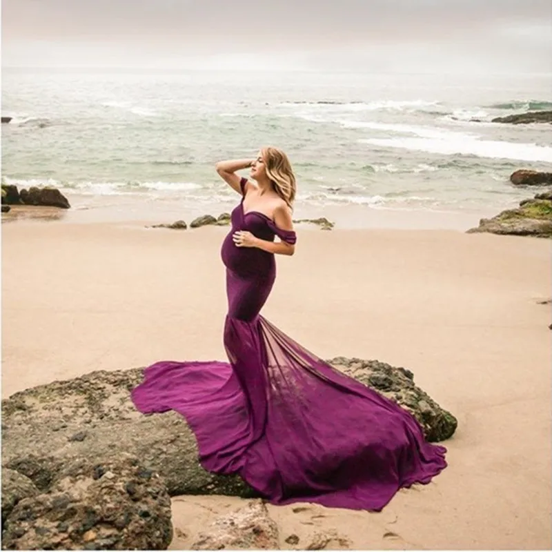 Abiti premaman slip in chiffon per servizio fotografico Abito lungo aderente elastico per fotografia di gravidanza