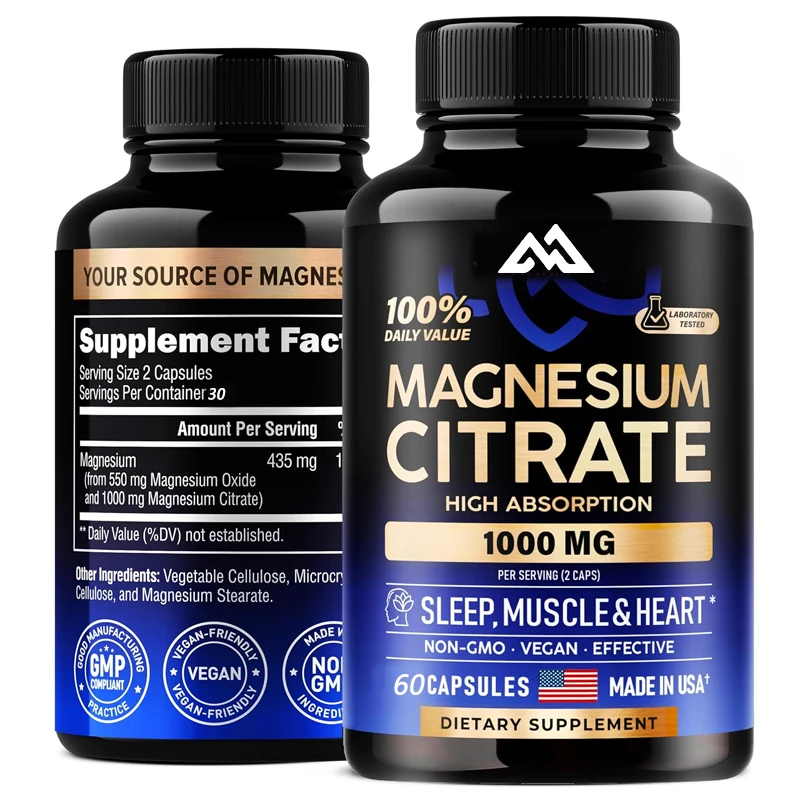 Suplemento de Alta Absorção para Suporte Muscular e Cardíaco, 60 Cápsulas, Citrato de Magnésio, 1000mg, 100% DV