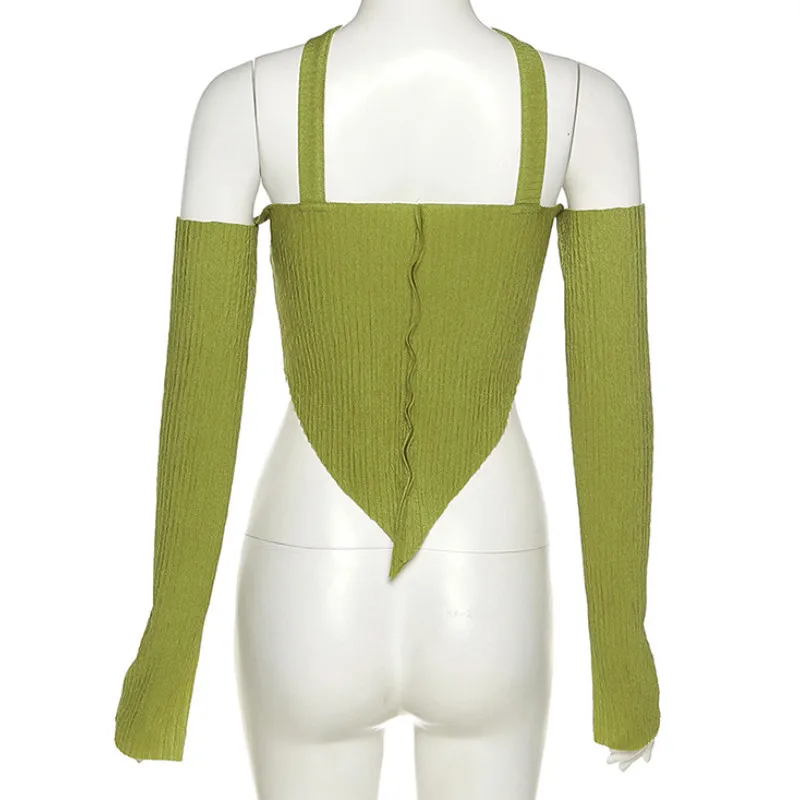 Tops cortos para mujer, ropa y2k Harajuku con cuello Halter y hombros descubiertos, camiseta Sexy de manga larga de Color sólido con corsé para mujeres jóvenes