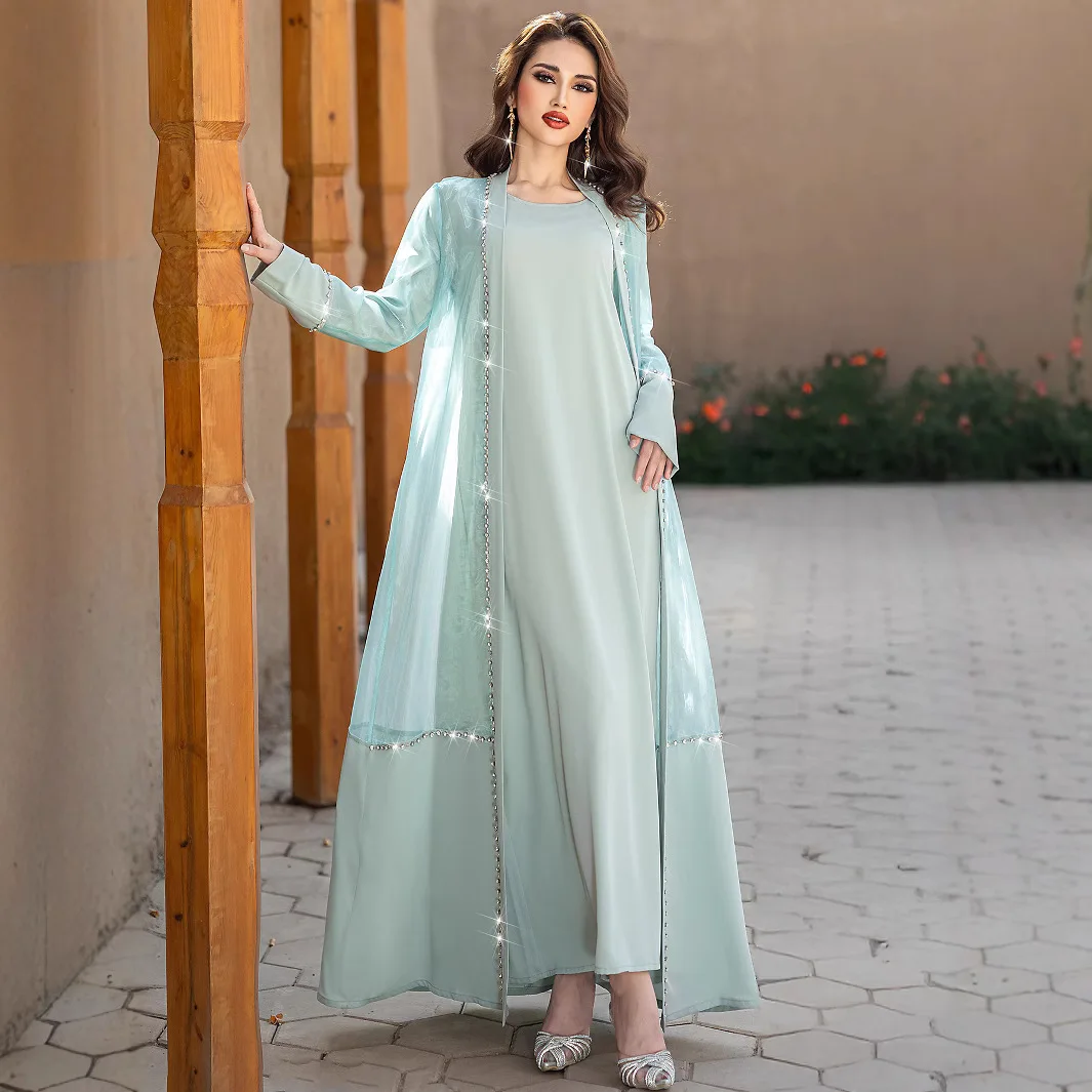 

Women's Light Green Solid Color Loose Elegant Daily 2 Pieces Sets Middle East Muslim New Fashion Female Cardigans Inner Dresses