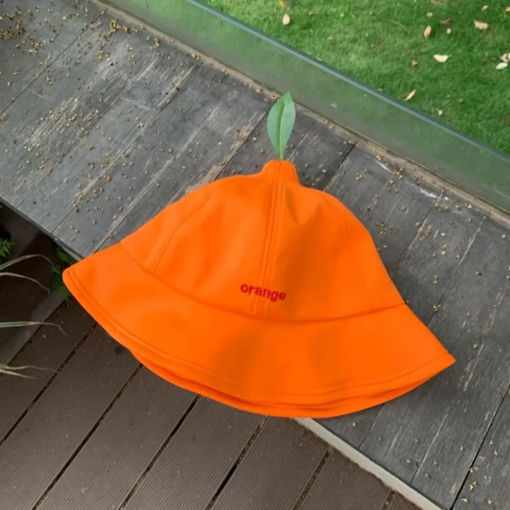 

Quick-dry Orange Fisherman Hat Cotton UV Protection Creative Orange Bucket Cap Big Brim Sunshade Embroidered Letter Sun Hat