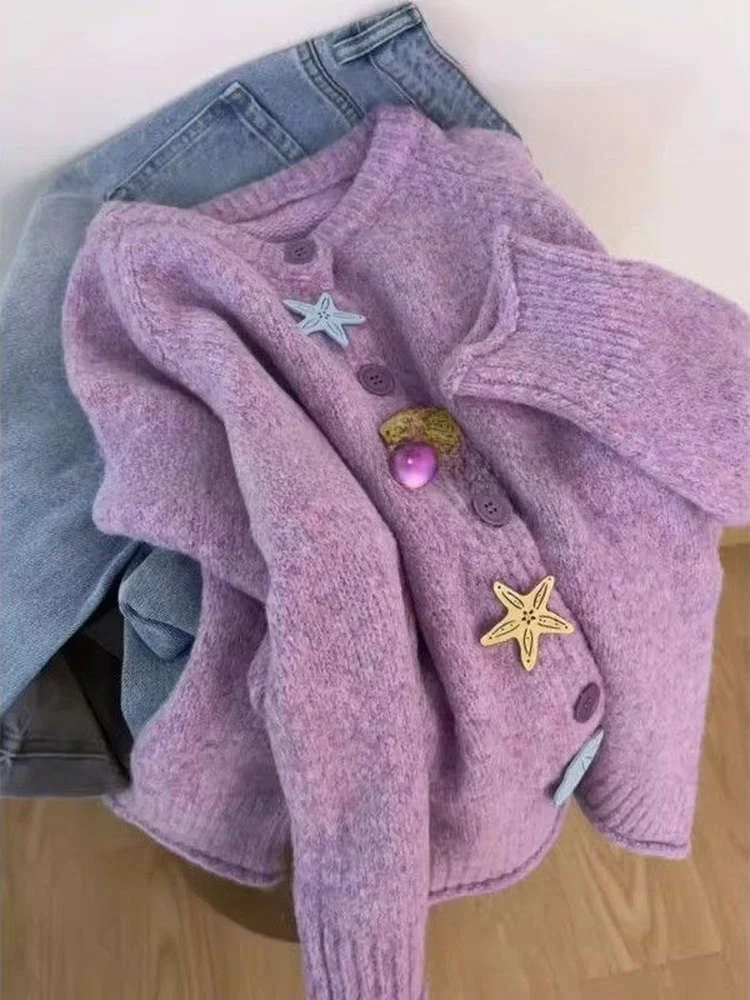 

plus Size 300 Pou Heavy Work Purple Knitted Open Cardigan Sweater Women's Autumn Winter New Lazy Sle Gentle Top