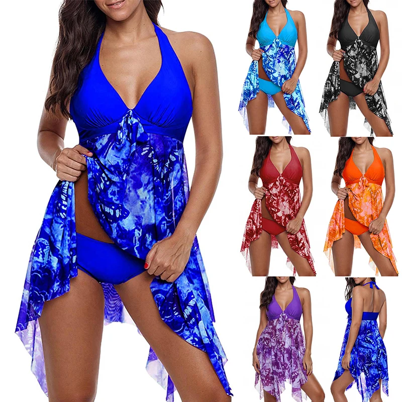 Women Summer Print Swimsuits Irregular Padded Bra Size Swimming Dress Shorts Beach Halter Two Piece Bathing Suit