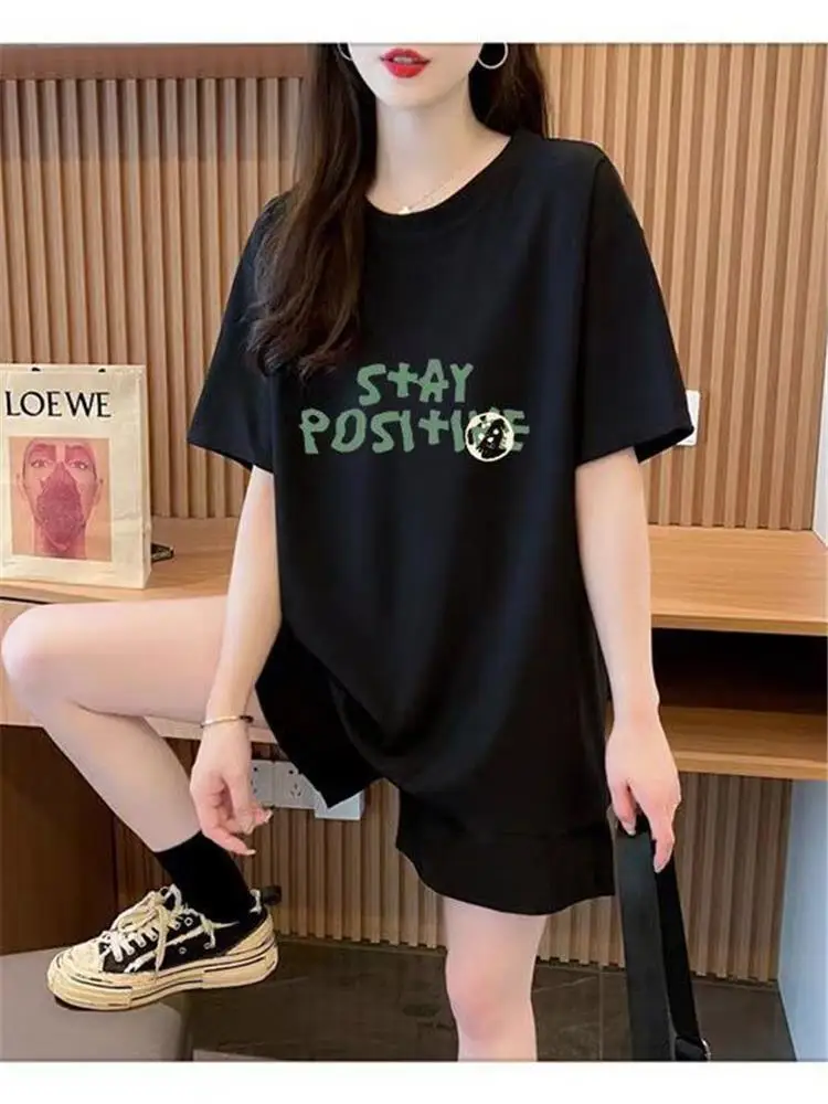 

Повседневный спортивный костюм для женщин: летний, свободный, стройнящий, в корейском стиле, с коротким рукавом и шортами, комплект из двух предметов, модный, с круглым вырезом