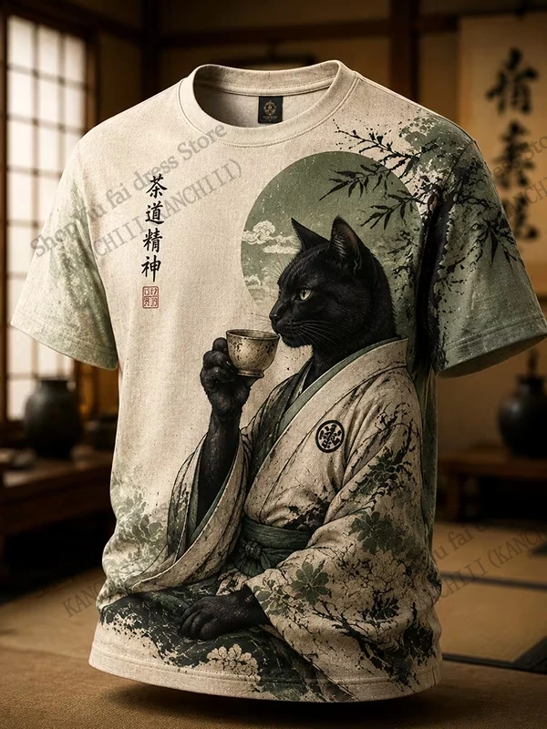 New Japanese Style Samurai 3D Print T-shirt Men Women Fashion Oversized Short Sleeve Tops Tees Men Clothing Kids Shirt Cat Chick