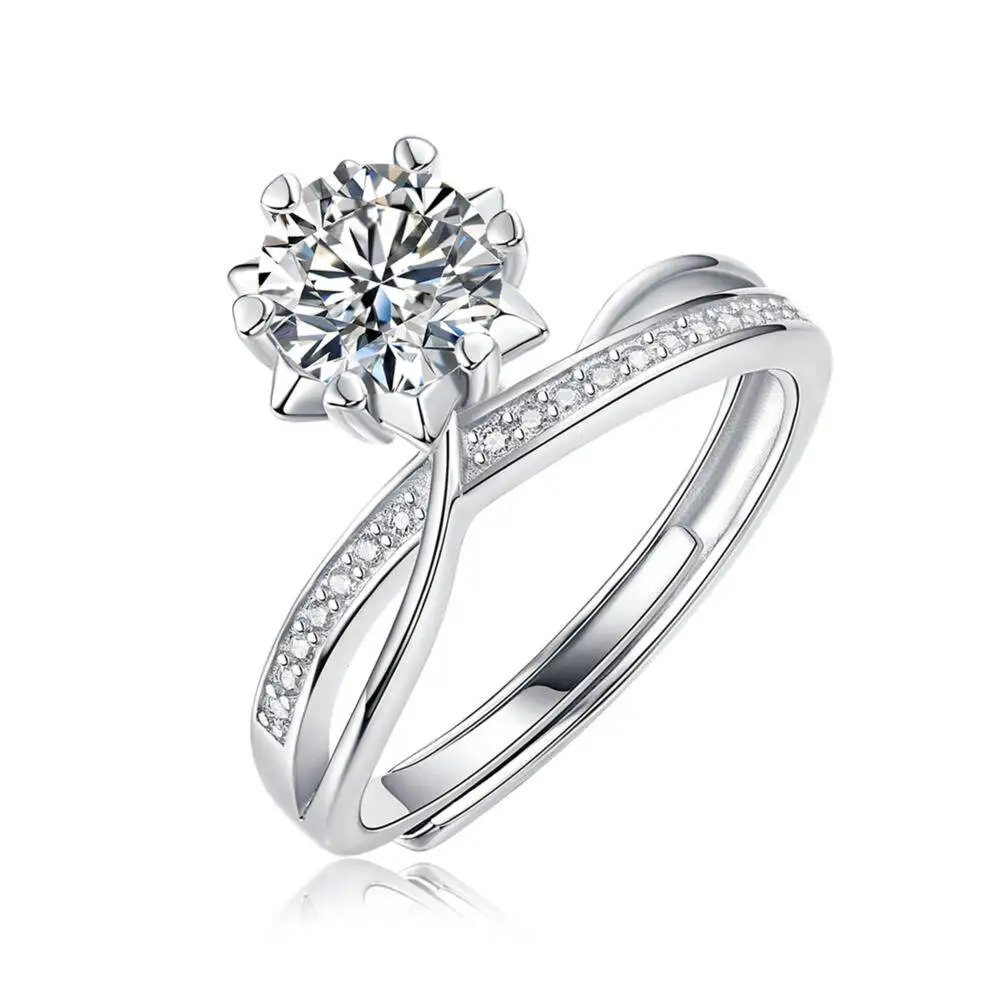 925 Sterling Silver 1CT Eight Prong Twisted Adjustable Open Ring D VVS1 Moissanite Multi Tone Engagement Fine Jewelry For Women