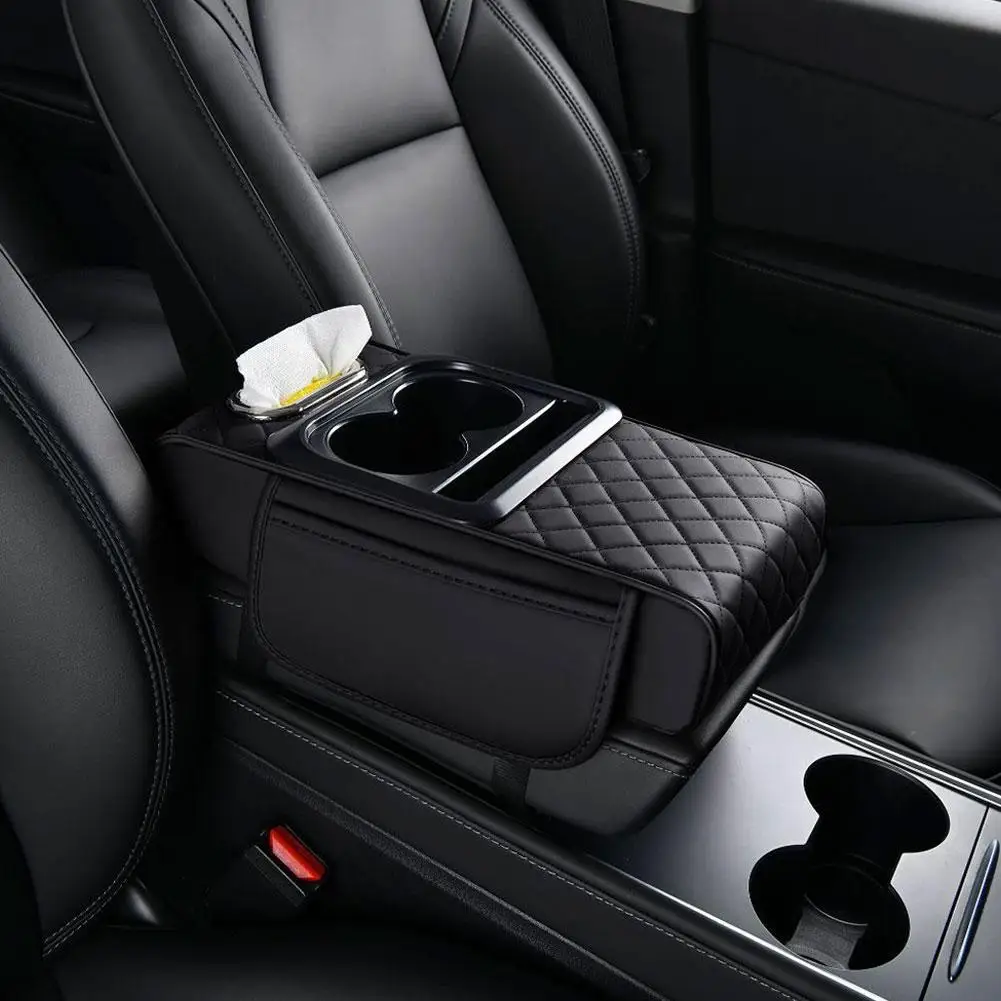 Car Armrest Box Multifunctional Thicken Height Pad Arm Rest Cushion with Pocket Tissue Cup Holder PU Elbow Support Height Pad