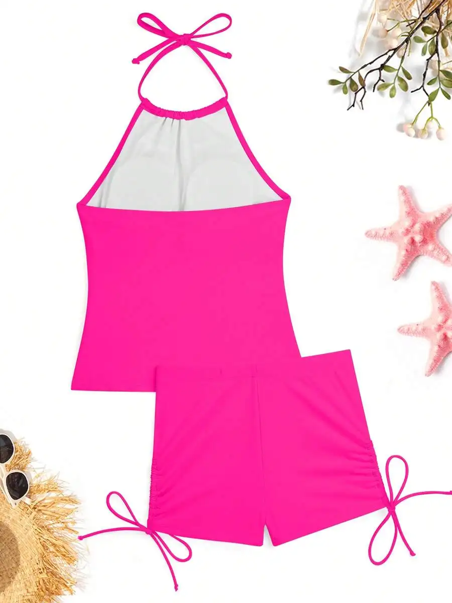 Womens Halter Neck Tankini Set With Drawstring Shorts Modest Tummy Control Swimsuit