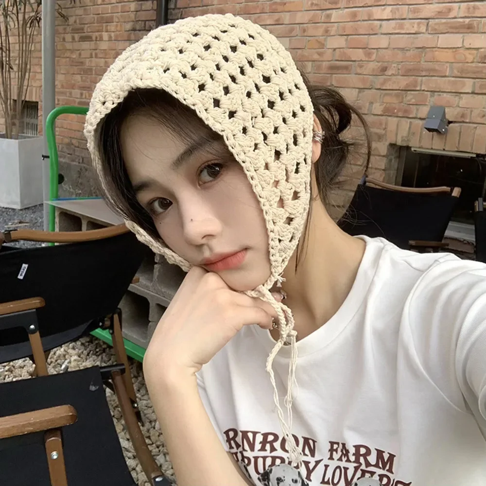 Vintage Hollow Triangle Headscarf for Women Summer Knitted Travel Headband Hair Scarf Photo Props Girls Hair Accessories