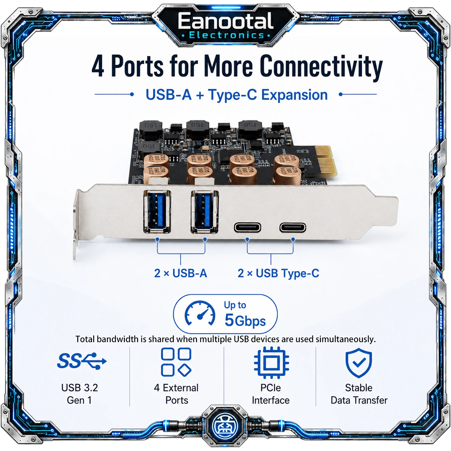 4 Port USB 3.0 PCIe Expansion Card, 2 Type-C + 2 USB-A 5Gbps High Speed Adapter, SATA / 4-Pin / No External Power for Desktop PC