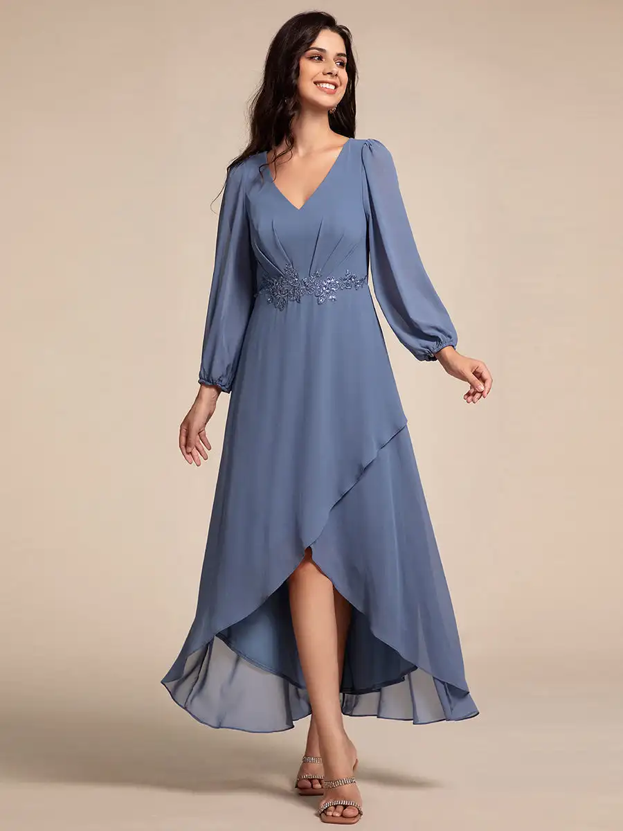 Classic Evening Dresses Deep V-Neck fold Appliques Long sleeve 2025 Ever Pretty of Chiffon Dusty Navy Bridesmaid dress