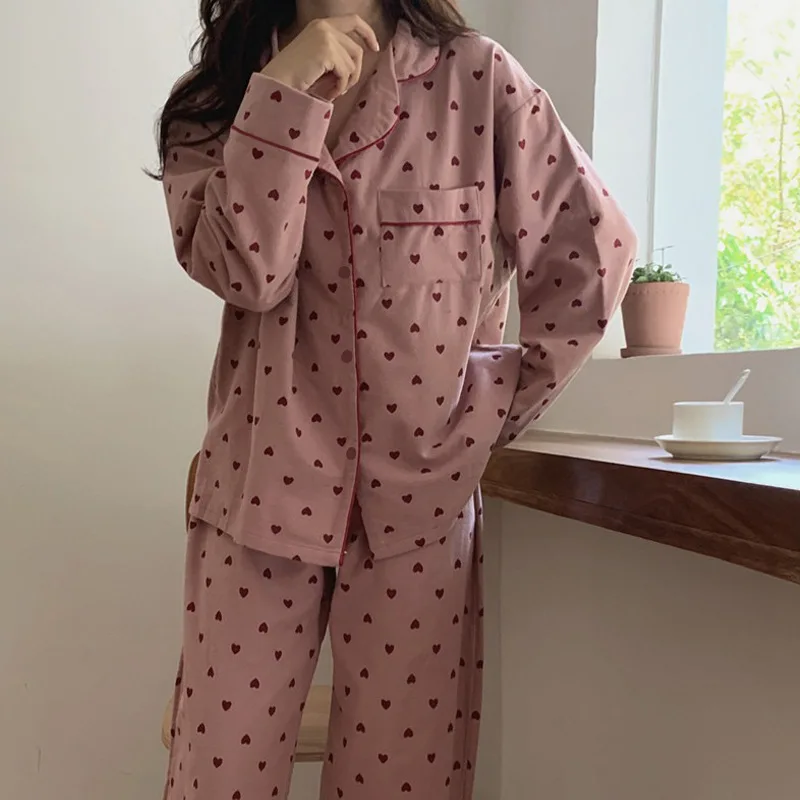 Women\'s Pajamas Set Spring Summer 2 Piece Heart Print Pyjama Pocket Buttons Down Sleepwear Long Sleeve Pijama Mujer Pjs Homewear