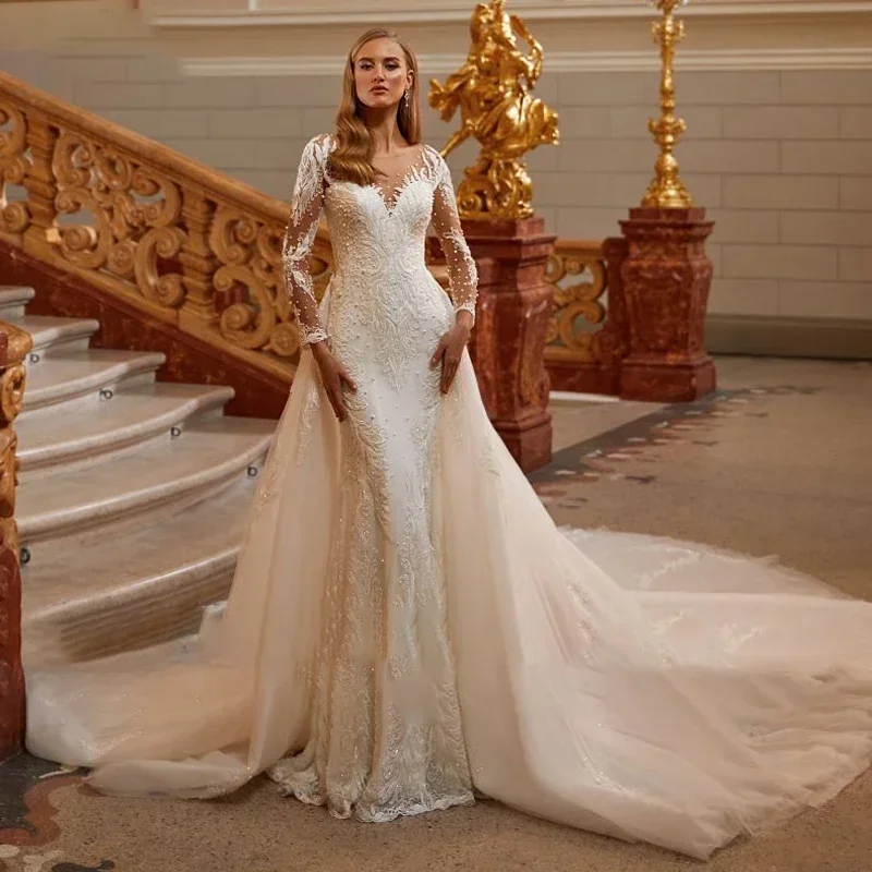 

Flavinke Customized sixy Detachable Train Mermaid Wedding Dresses Lace Bead Ball Gown O-Neck Full Sleeve Bride Vestido De Novia