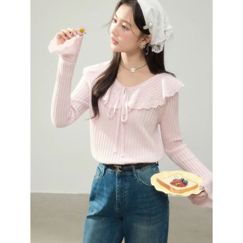 Women Ruffle Collar Knit Sweater Spring Pink Flare Sleeve Tie Front Sweet Slim Knit Top
