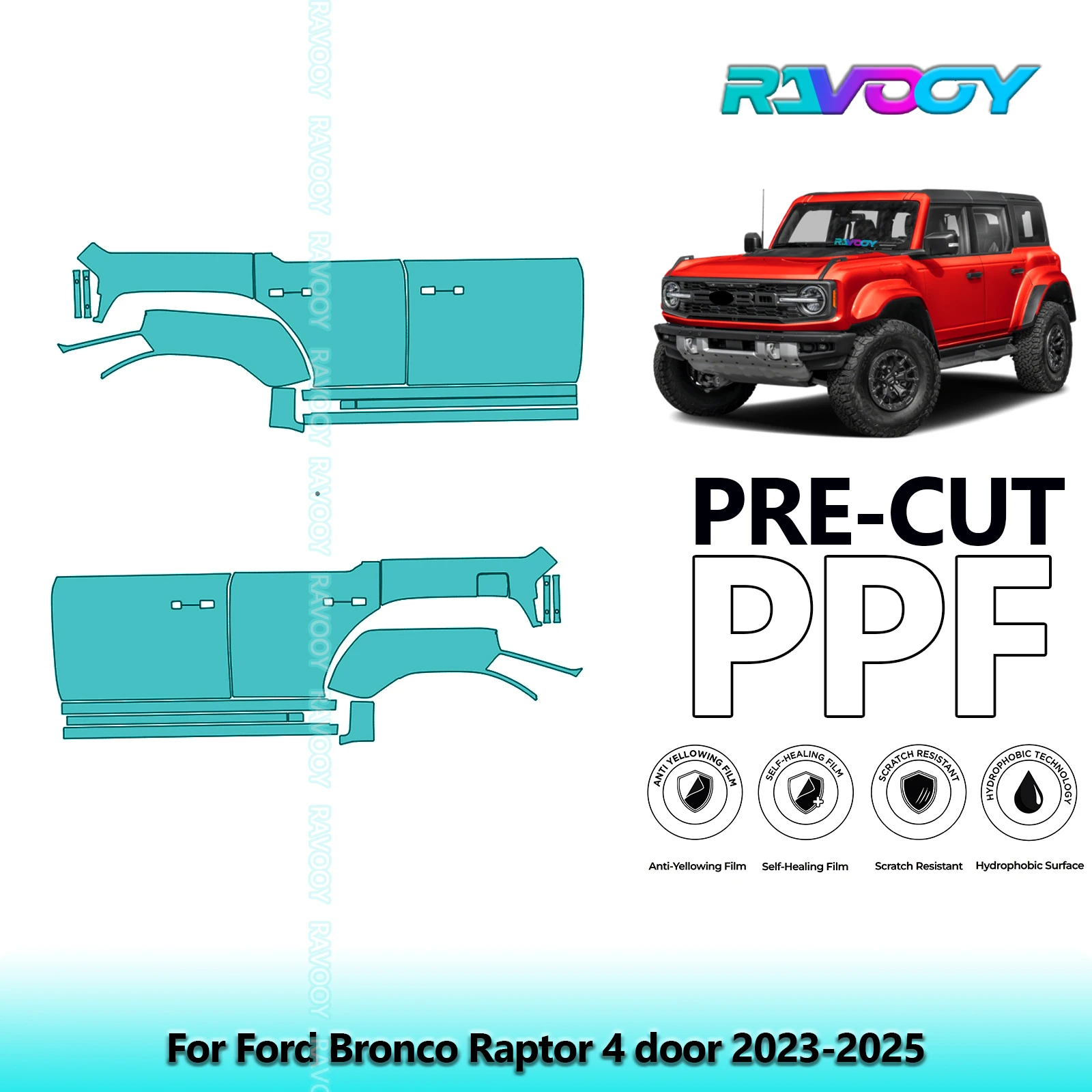 

For Ford Bronco Raptor 4 door 2023-2025 8.5mil Clear Matte Pre-Cut PPF Door & A/B Pillar Kit TPU Paint Protection Film Set