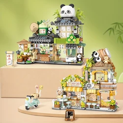 Cute Animal Panda House Building Blocks Creative Street View Folding Tea House Model Ornaments Adult Children Assembly Toy Gift