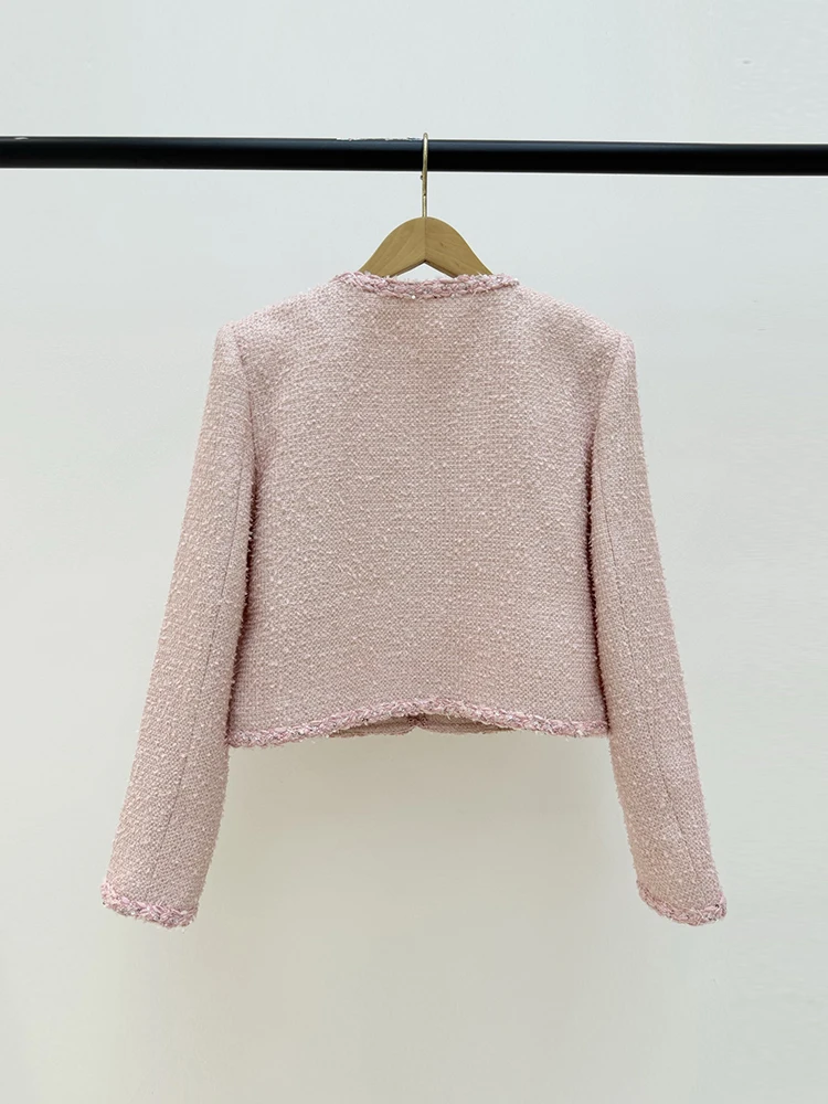 Spring Summer Fashion Pink Color Slim Short Style Jackets Women's Solid Color O-Neck Long Sleeve Sequins Button Pocket Jackets