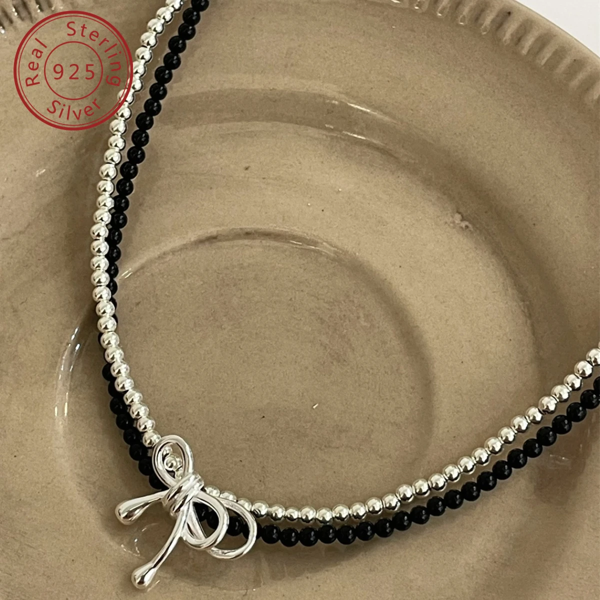 925 silver natural black agate bow black and white double-layer necklace, Korean style collocation, niche design style