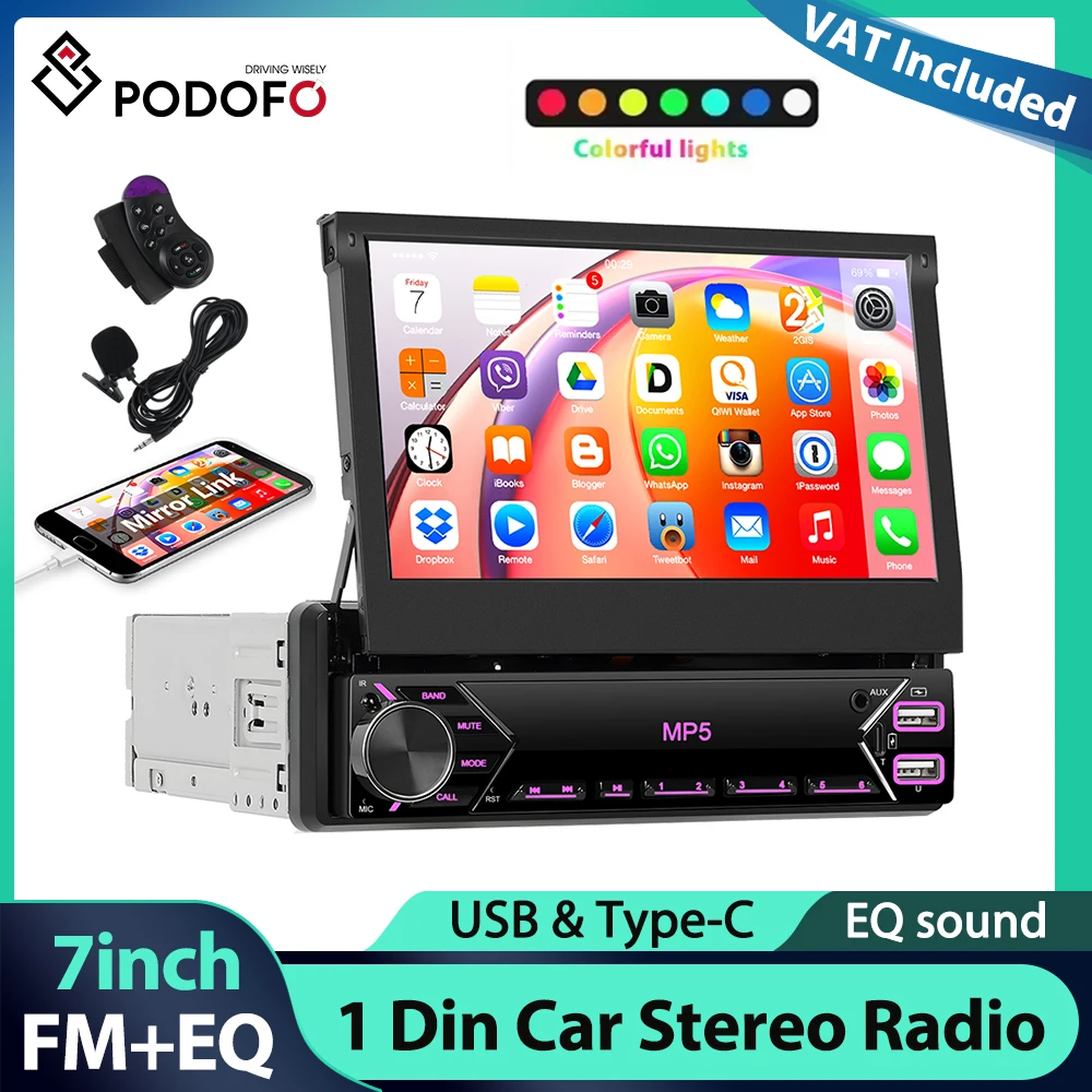 Podofo 1Din 7'' Retractable Screen Car Radio Mirror Link Multimedia Player Bluetooth FM USB & Type-C EQ Sound IPS Touch Screen Car Audio