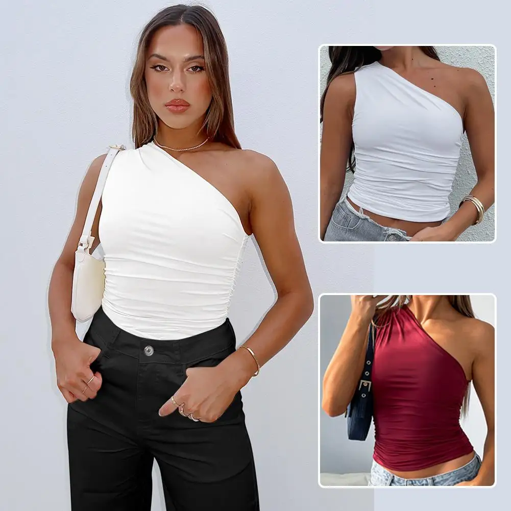 Solid Color One Shoulder Backless Shrink Tank Top T-Shirt Backless Casual Daily Sexy Tight Slim Street Sleeveless Casual To A9A2