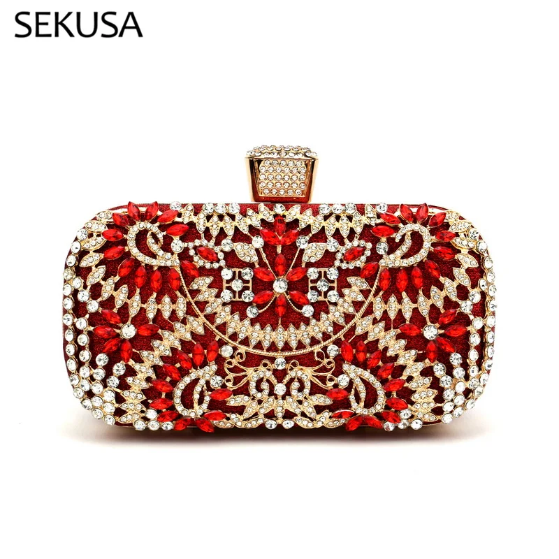 Red Color Hollow Out Fashion Clutch Luxury Diamonds Floral Evening Bags Party Wedding Bridal Handbags Purse