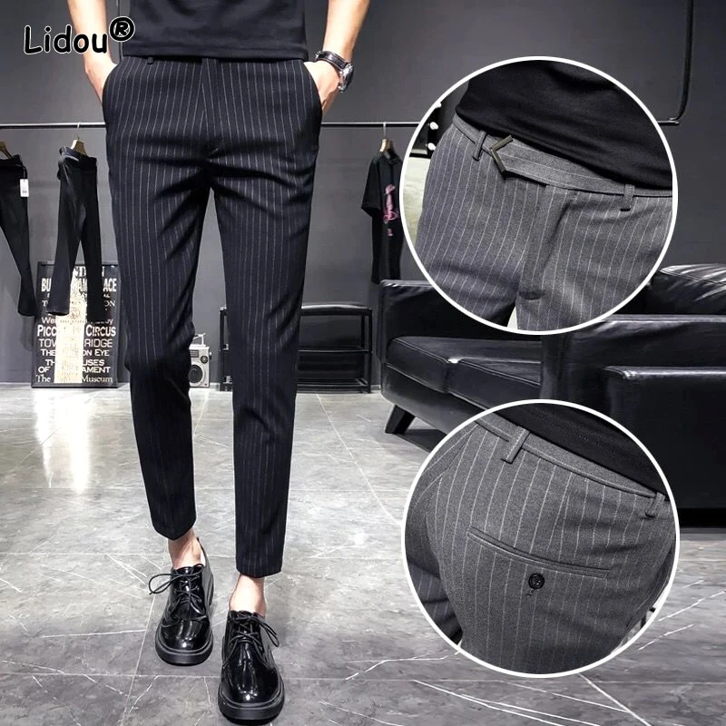 

2023 Spring and Autumn Men's Trendy Stripe Checkered Zipper Pocket Button Casual Fashion Elegant Commuter Casual Suit Pants