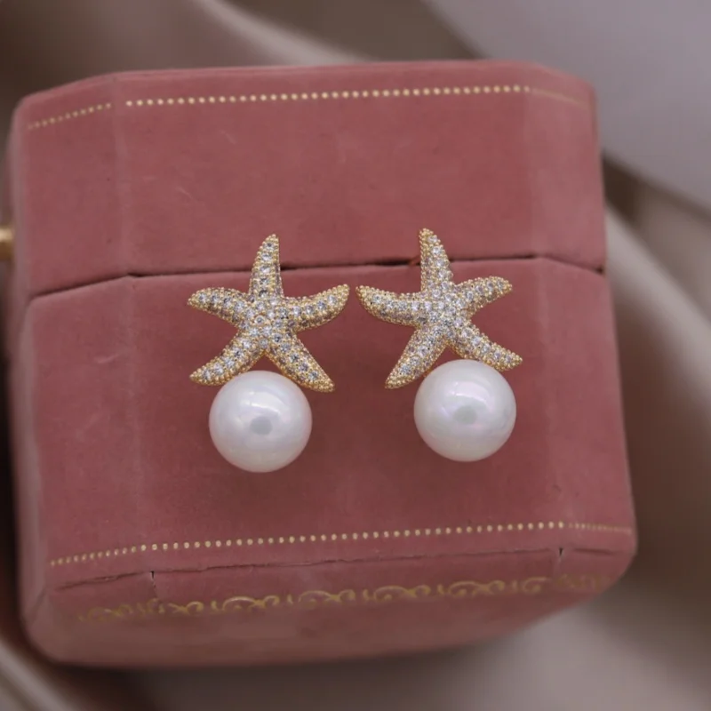 Korea new design fashion jewelry 14K gold plated luxury zircon starfish pearl earrings elegant women's evening party accessories