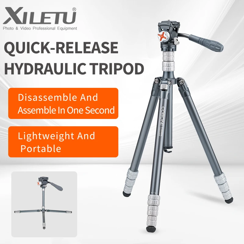 XILETU Aluminum Quick-Release Tripod with 360° Hydraulic Pan Head Perfect for DSLR & Mirrorless Cameras Outdoor Travel & Vlogs