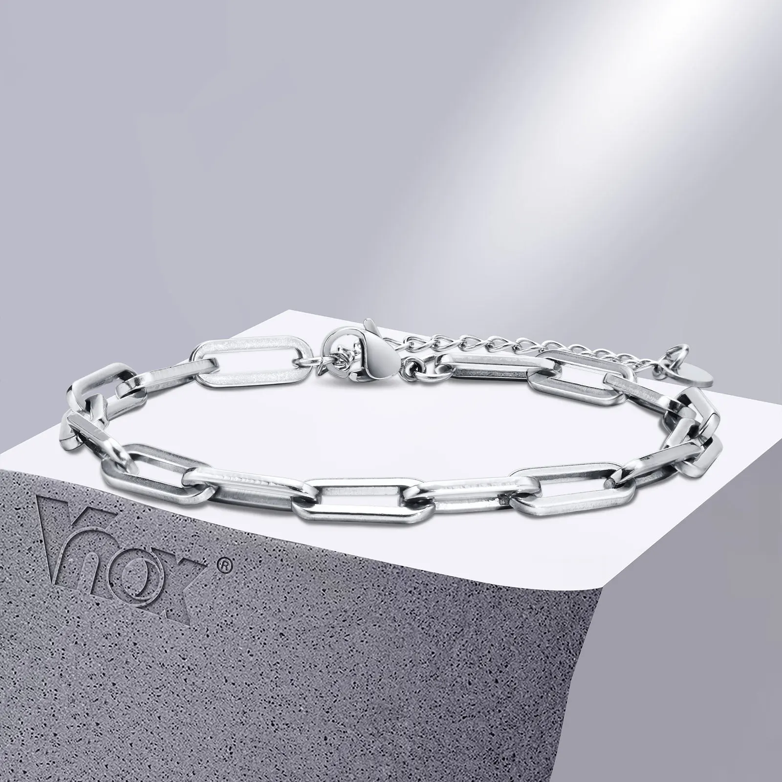 Vnox 5mm Paperclip Chain Bracelet for Men, Casual Stylish Rectangle Links Wristband, Adjustable Chain Jewelry