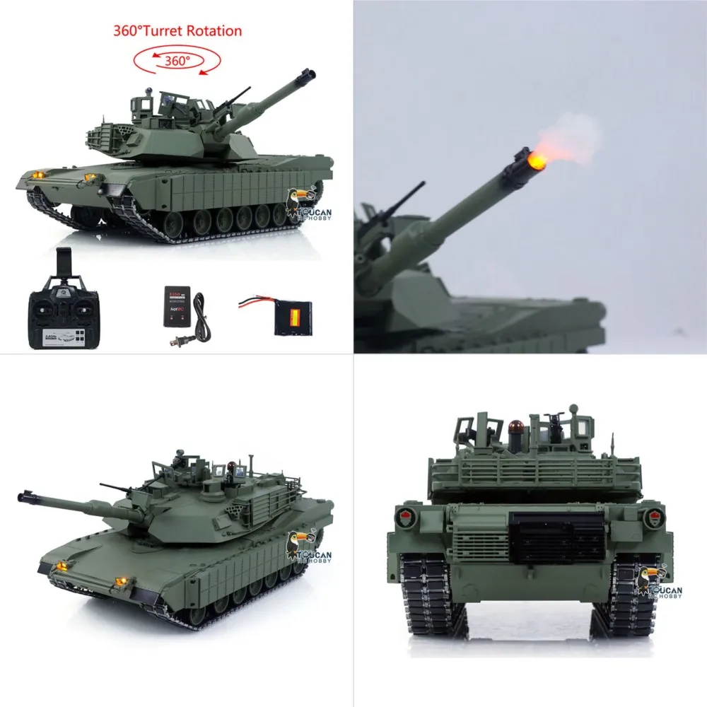 TUSK I TOUCAN 1:16 Metal M1A2 Abrams RC Tank 360 Turret Rotation IR Barrel Elevation Recoil Dual Smoke Units Electric Periscope