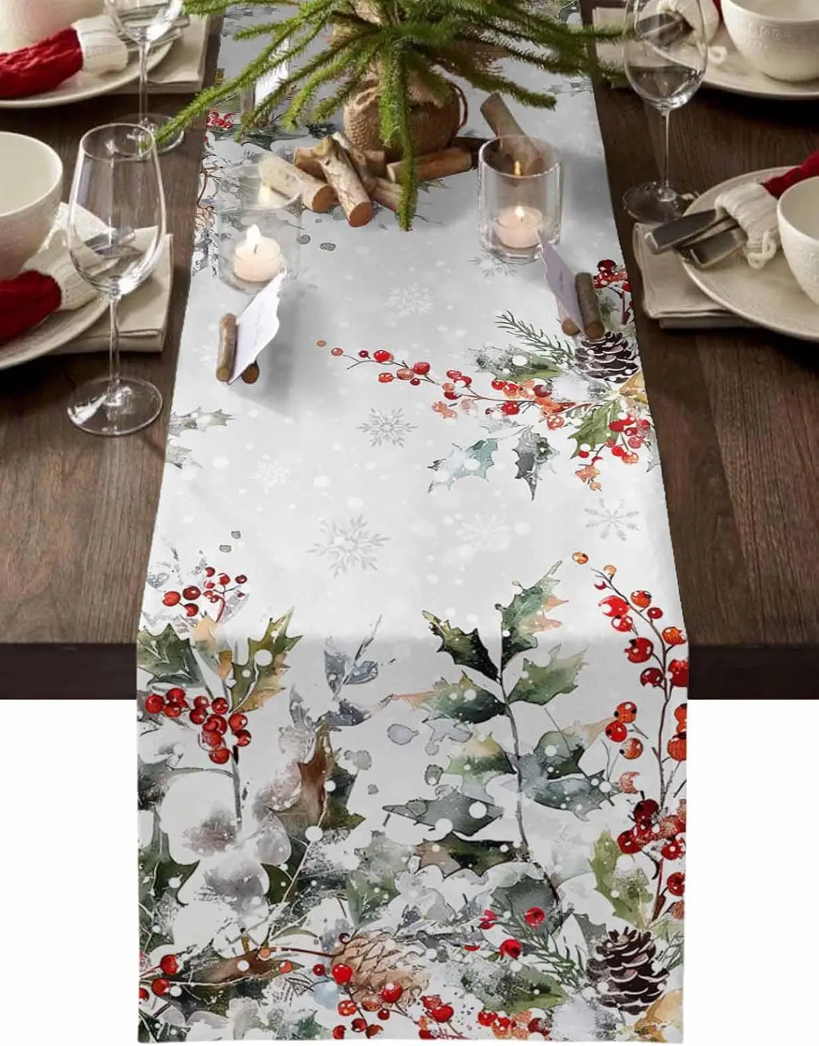 Christmas Red Berry Pinecone Linen Table Runner Table Decor Winter Xmas Tree Botanical Table Runners Holiday Kitchen Party Decor