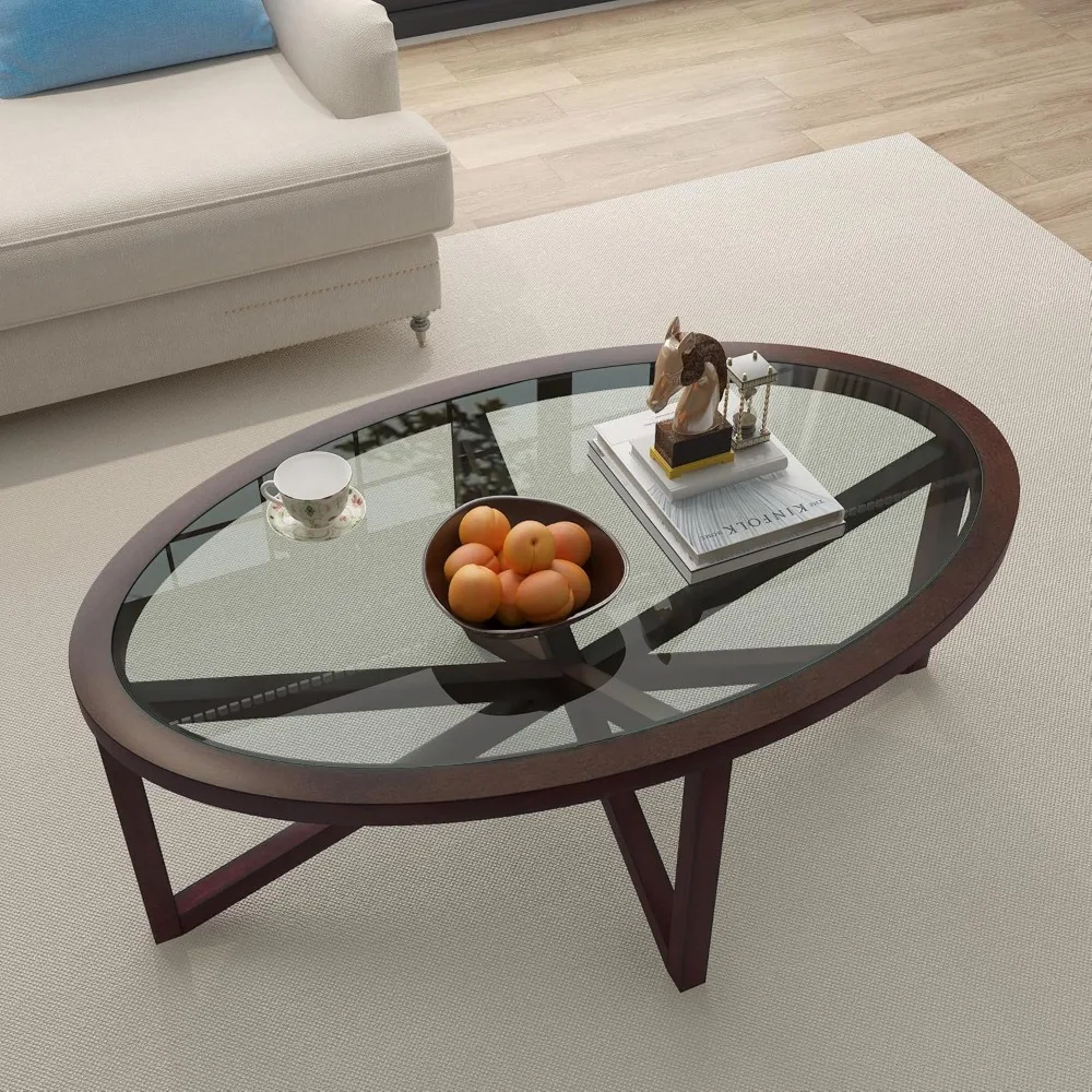 

Glass Coffee Table Modern Simple Oval Transparent Tempered Glass Top and Wood Base, Office Terrace Study Accent Coffee Table Cen