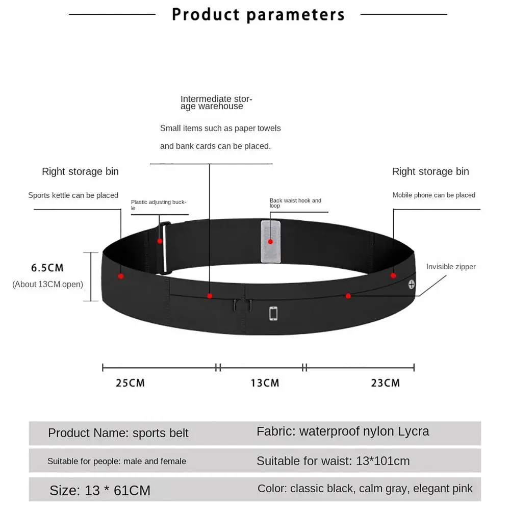 Ceinture de course mince avec 3 poches et porte-bouteille d'eau, rose, noir, polyamide, ceinture de sport pour téléphone, fermeture éclair invisible, ceinture de taille