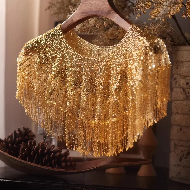 Versatile Round Neck Heavy Handmade Gold Tassel Shawl