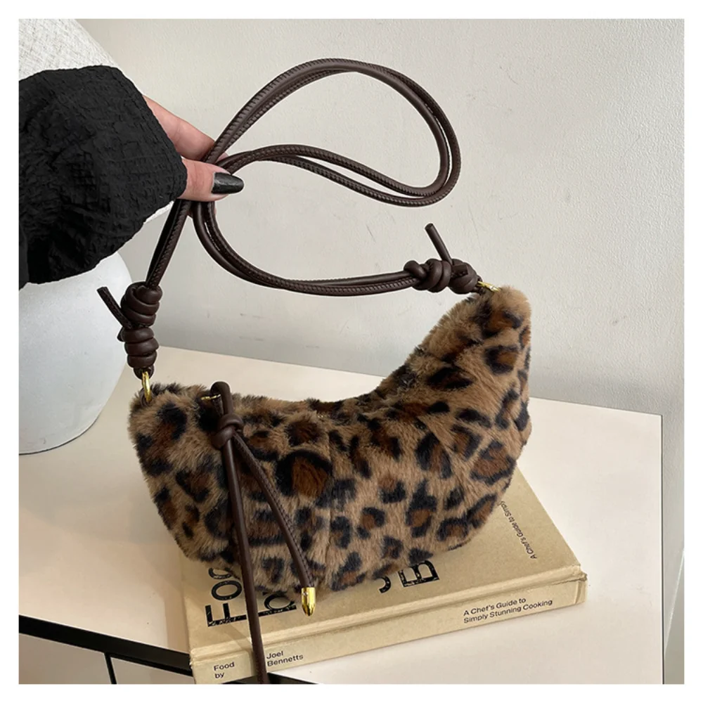 Leopard Print Plush Shoulder Bag Women'S Versatile Armpit Dumpling Bag Fashion Soft Crossbody Bag Korean Niche Casual Bag