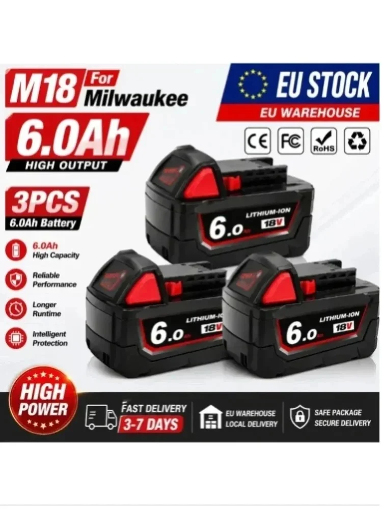 Ersatz-18V-18650-Lithium-Akku für Milwaukee M18 48-11-1860 / 48-11-1850 / 48-11-1840 – EU-Lagerbestand