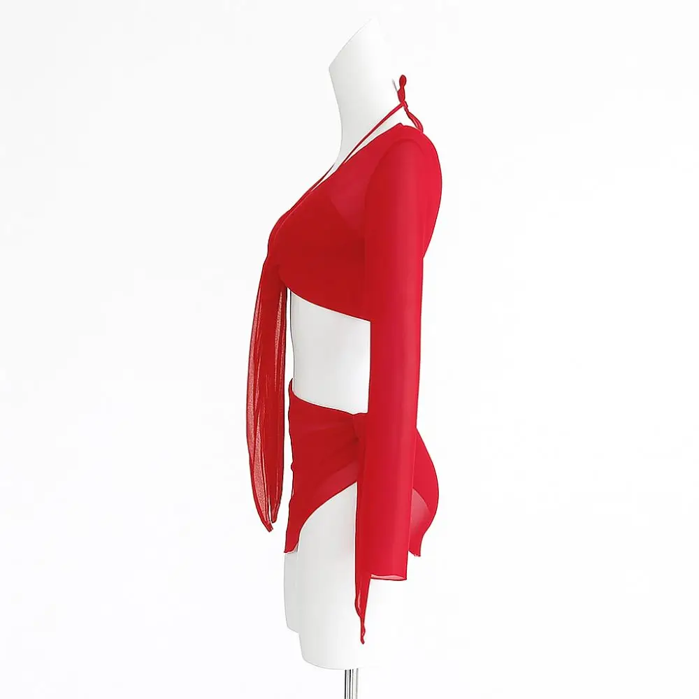 Ensemble de Bikini quatre pièces de couleur rouge pur, Design à lacets, couleur unie, manches longues, jupe de couverture de couleur blanche, maillot de bain fendu