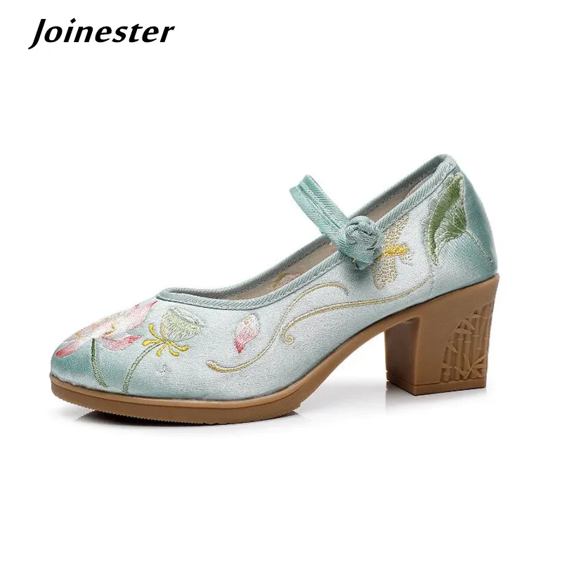 Embroidered Mid Heeled Mary Jane Women Shoes Autumn Dress Pumps with Traditional Button Ladies Round Toe Ankle Strap Party Shoe