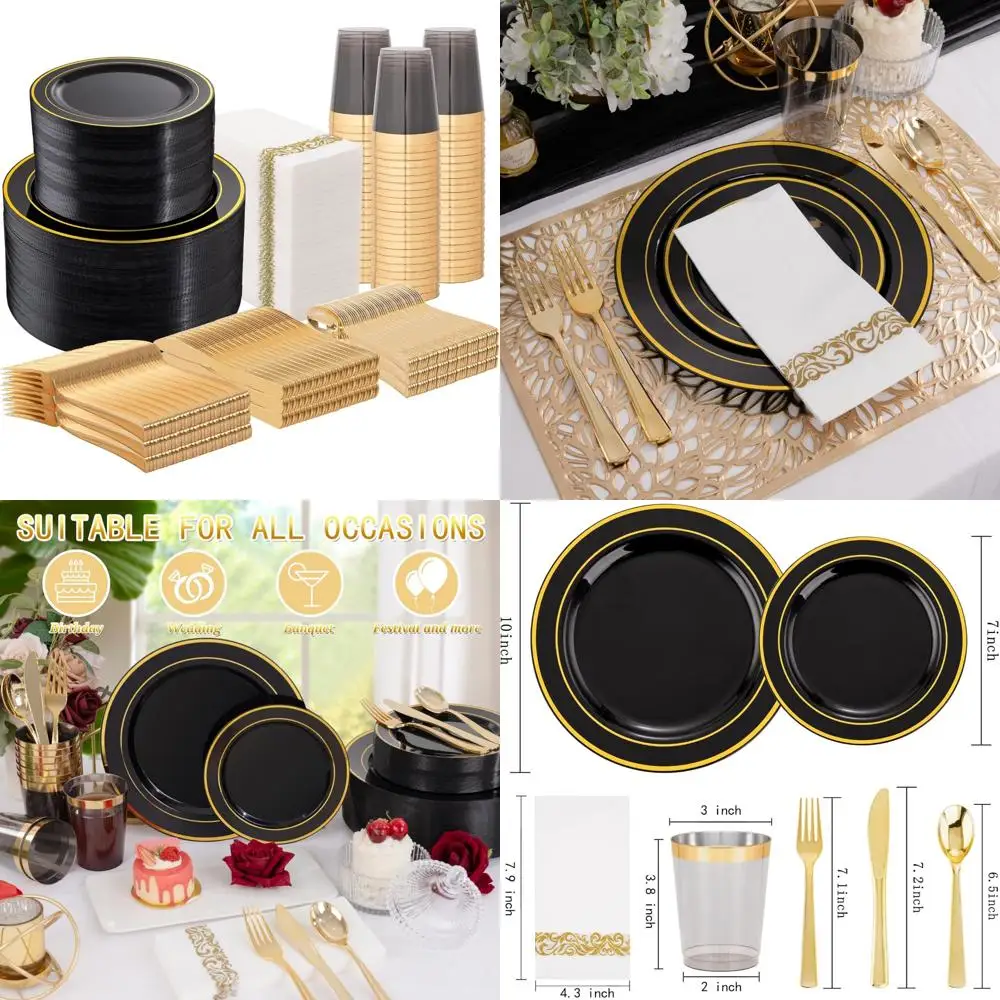 

Disposable Dinnerware Set 800 Pieces: Black and Gold Dinner Plates, Dessert Plates, Knives, Forks, Spoons for Elegant Dining Exp