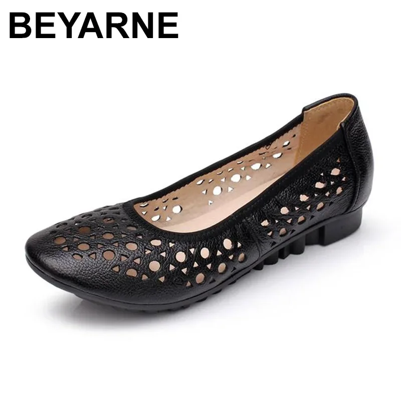 

BEYARNE 2017 Women Loafers Lady Flat Shoes Woman Summer Flats Hollow Out Comfortable Soft Outsole Genuine Leather Moccasins