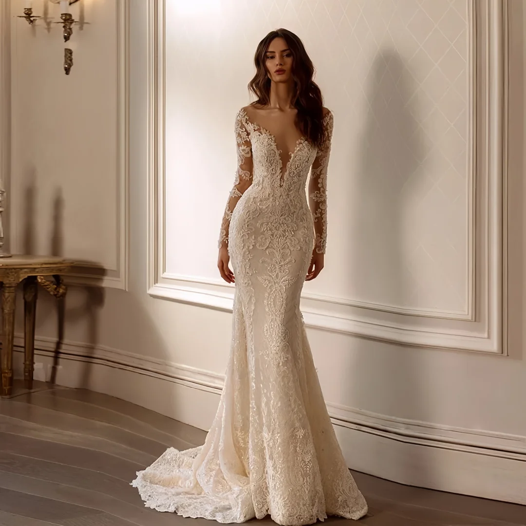 

Customized Mermaid Wedding Dresses Scalloped Sexy Lace Long Sleeve Embroidery Detachable Train Made Bridal Gown Vestidos De Novi