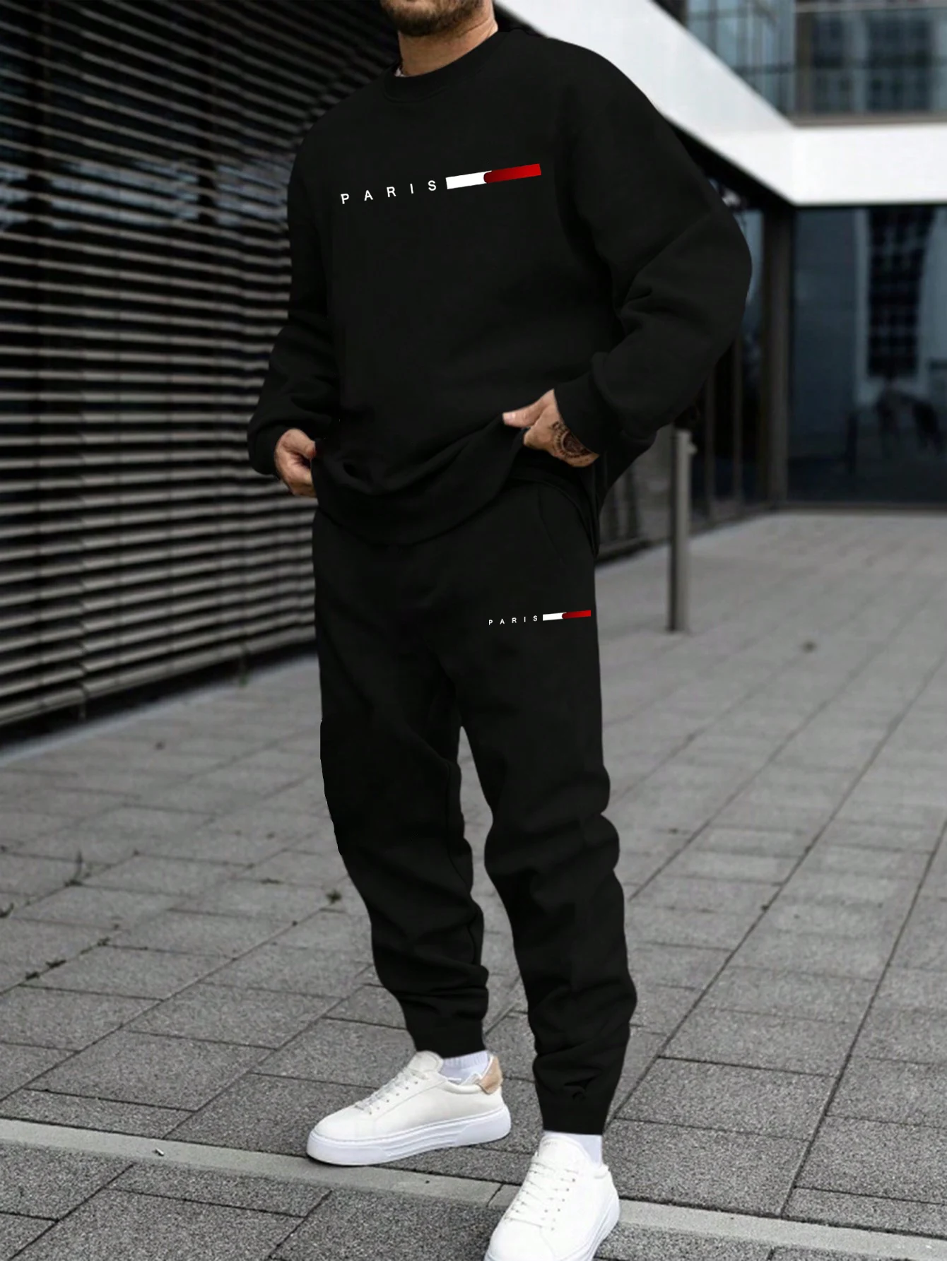 Men's Autumn And Winter Set With Paris Letter Print Long-sleeved Pants Two-pieces Suit Comfortable Round Neck Sportwear