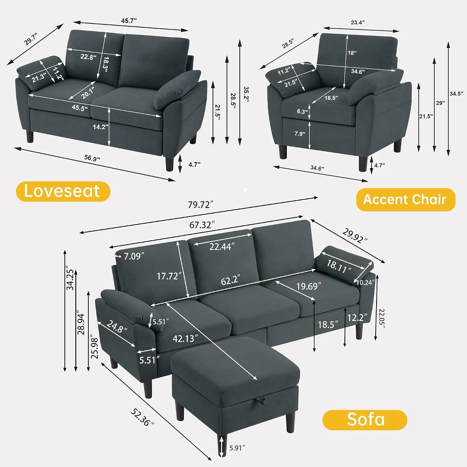 Convertible Sectional Sofa 4 Pieces Modern 3-Seat & Loveseat & Ottoman & Chair Living Room Dark Grey, Customized