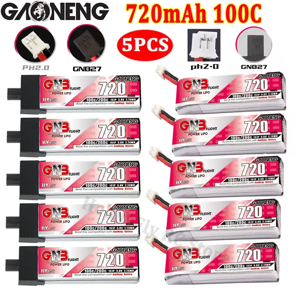 

5 шт. GAONENG GNB 720 мАч 1S1P 3,8 В 100C Lipo аккумулятор с вилкой PH2.0/GNB27 для Mini RC FPV Racing Drone Whoop Frame Kit запасной