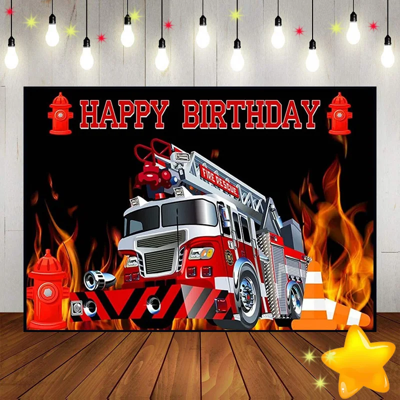 

Fire Fighting Truck Happy Birthday Party Photography Backdrop Roaring Flame Black Background Bonfire Party School Birthday Decor