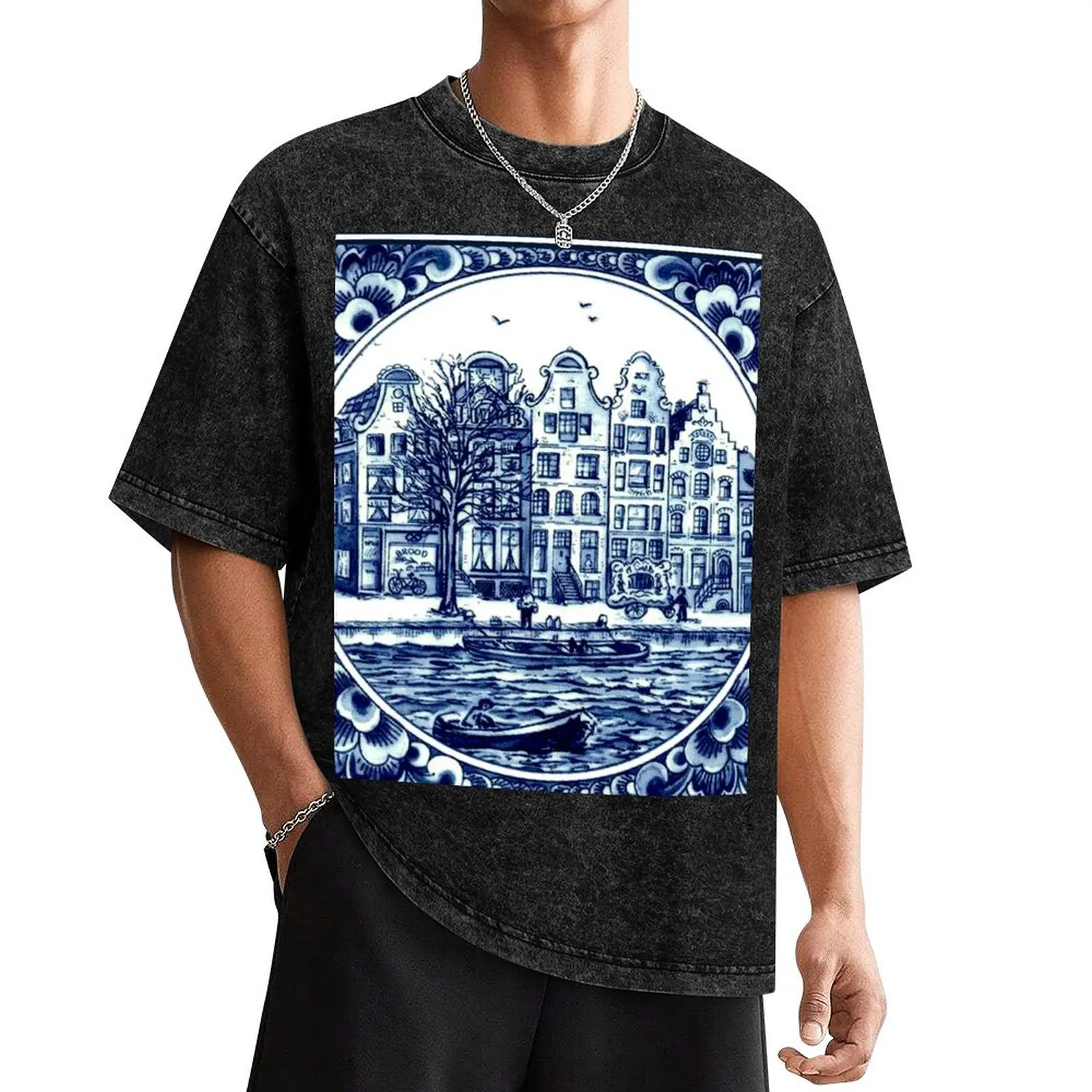 DUTCH BLUE DELFT : Vintage Boats in Canal Amsterdam Print T-Shirt vintage clothes sweat anime tshirt t shirt men 100℅ cotton