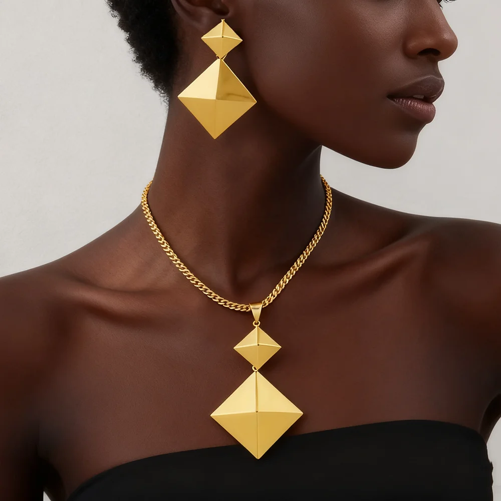 18K Goldfarbenes Schmuckset für Damen, Modisches Persönliches Einfaches Rhombus-Halsketten- und Ohrring-Set für Hochzeit, Party und Geschenke – Detail 6
